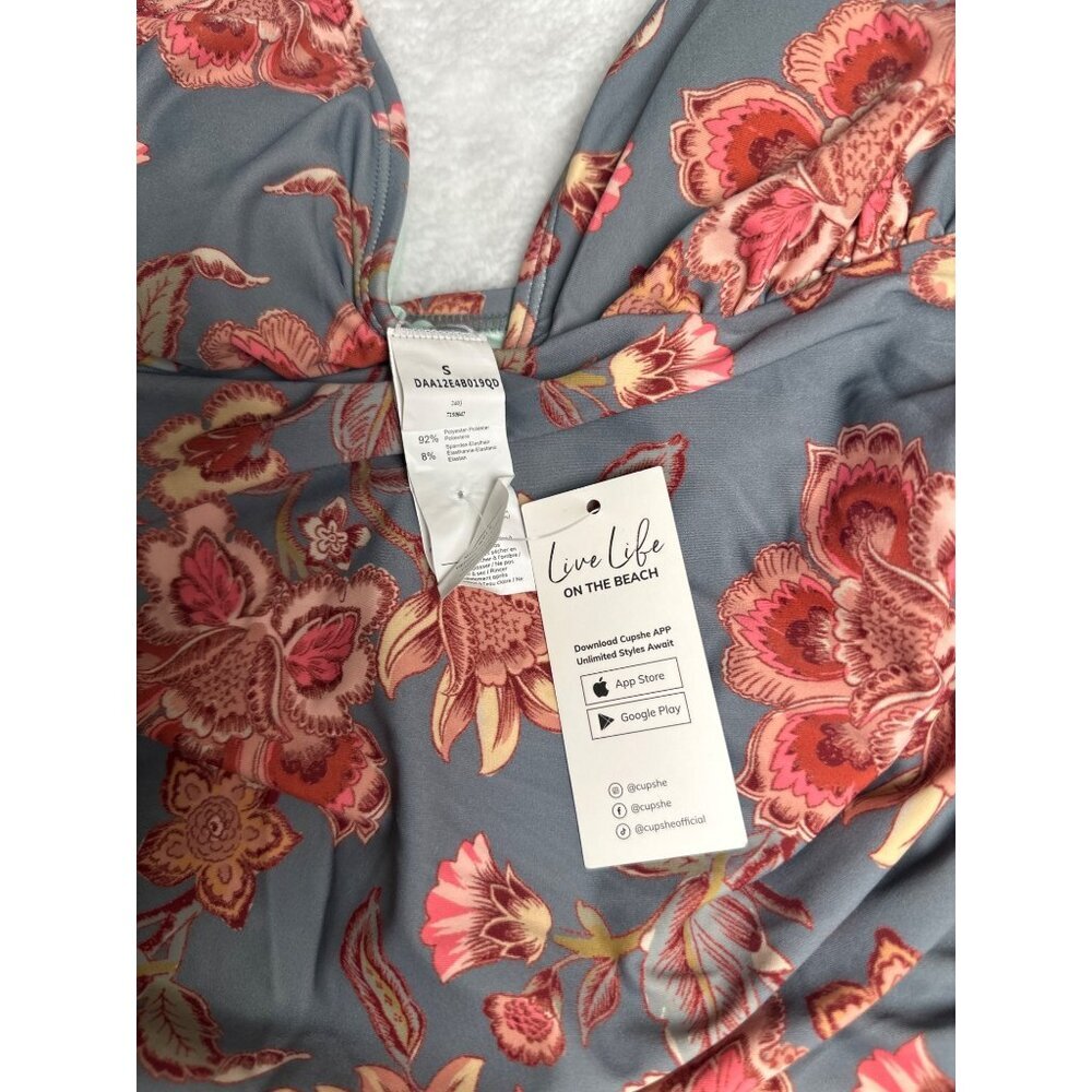 Cupshe Floral‎ Print One-Piece Swimsuit Adjustable Straps Blue Pink Size Small - Picture 7 of 7